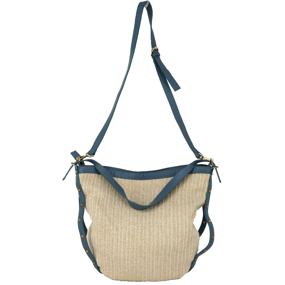 Alessia Capri Bag Handbag Womens Beige Fabric Blue Leather Trim Shoulder Zip